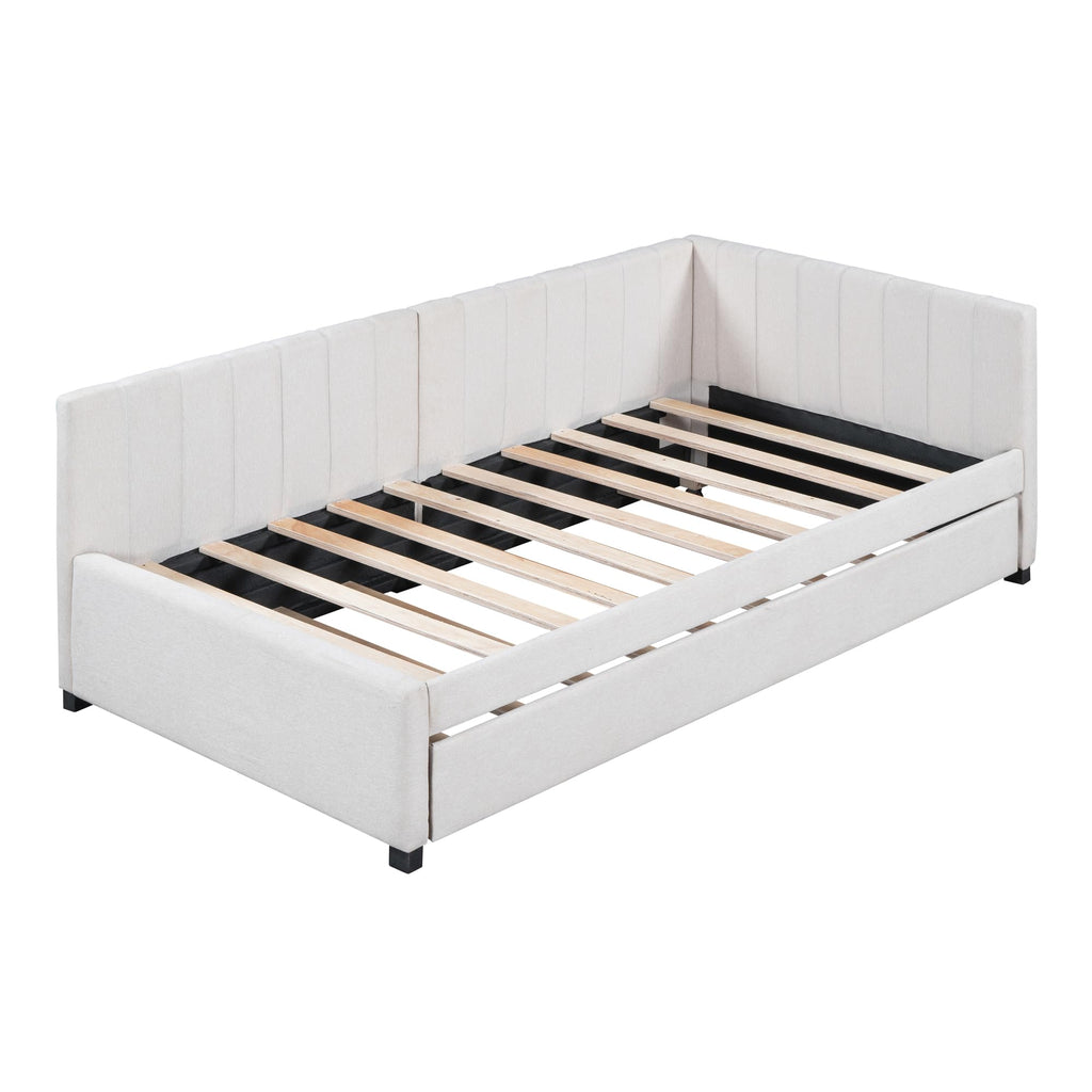 Upholstered Daybed with Trundle Linen Fabric Beige Twin V50681