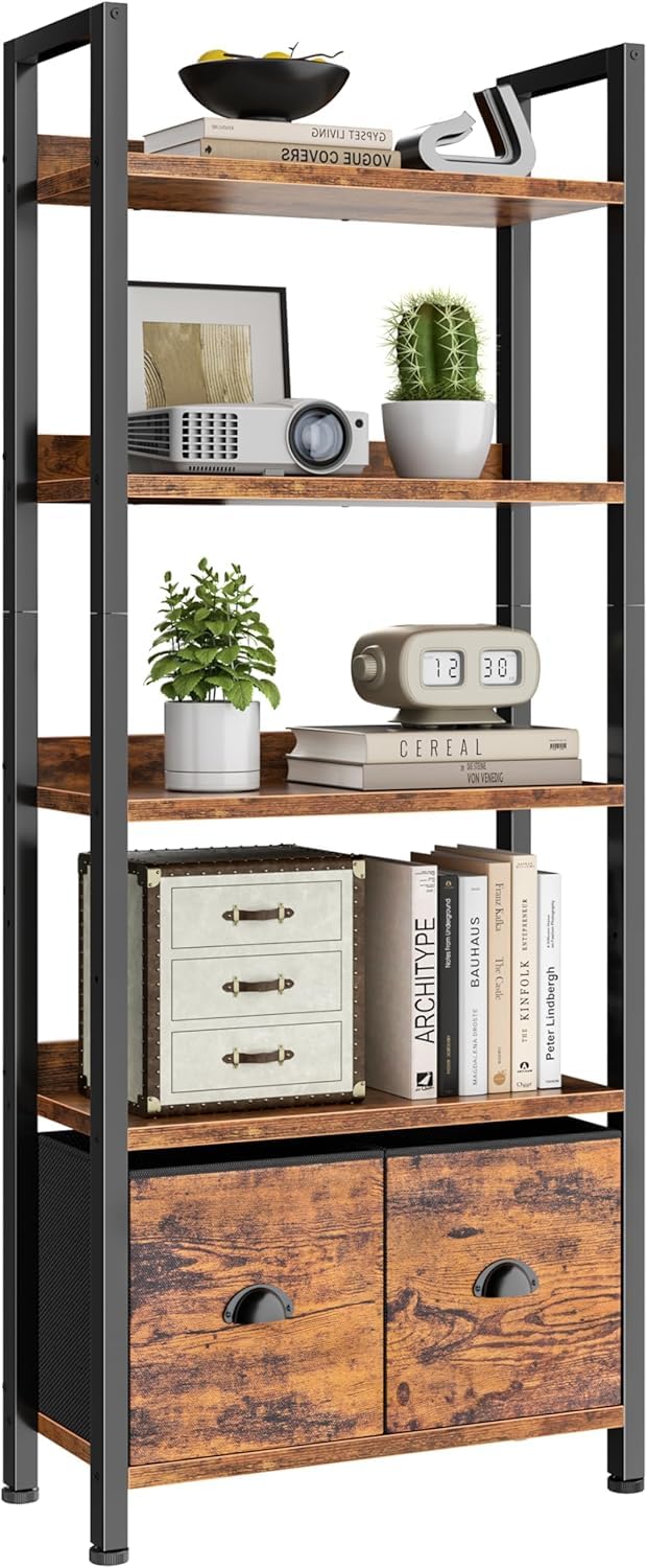 5-Tier Tall Bookshelf with 2 Fabric Drawers Q5818