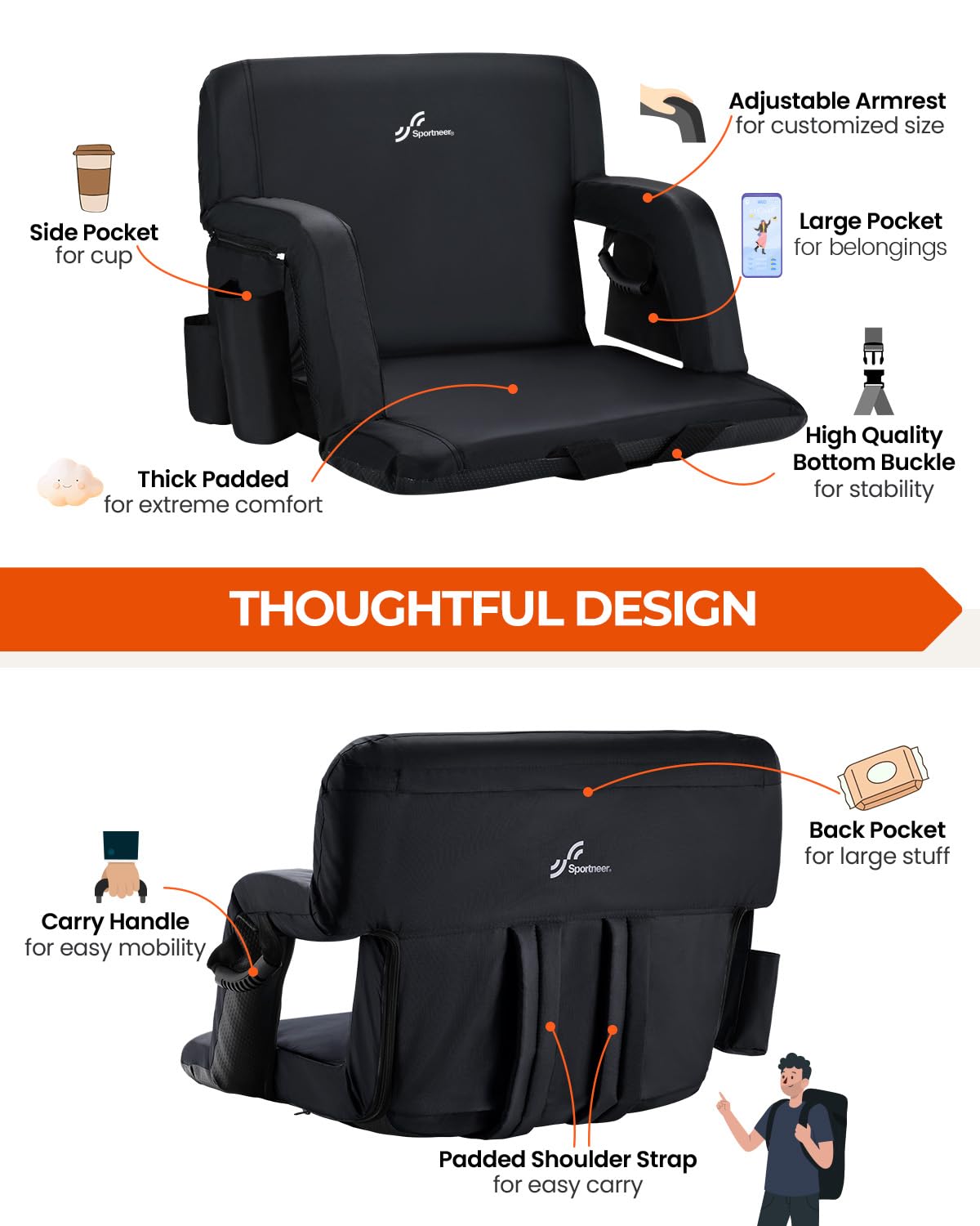 Stadium Seats with Back Support 2.5'' Thick Cushion 6 Adjustable Angle Bleacher Seat with Armrest A445635
