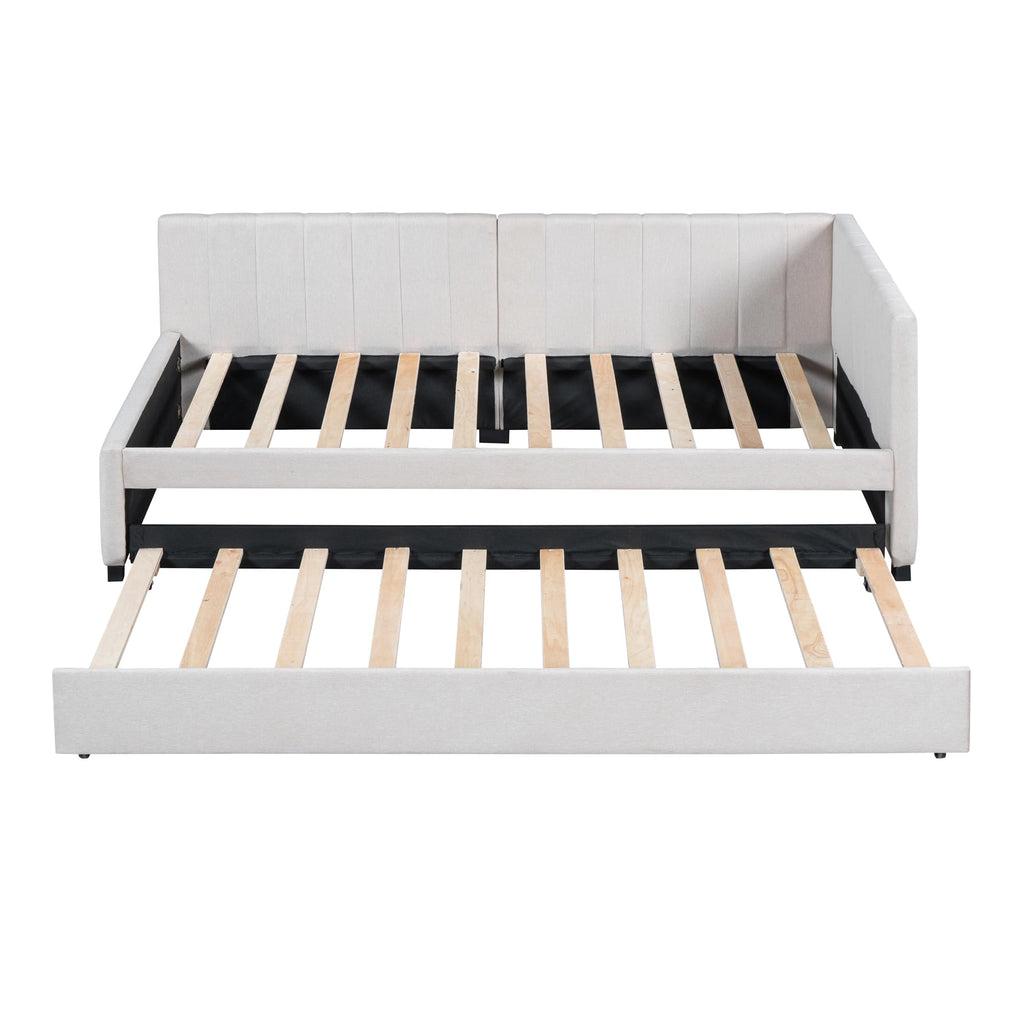 Upholstered Daybed with Trundle Linen Fabric Beige Twin V50681