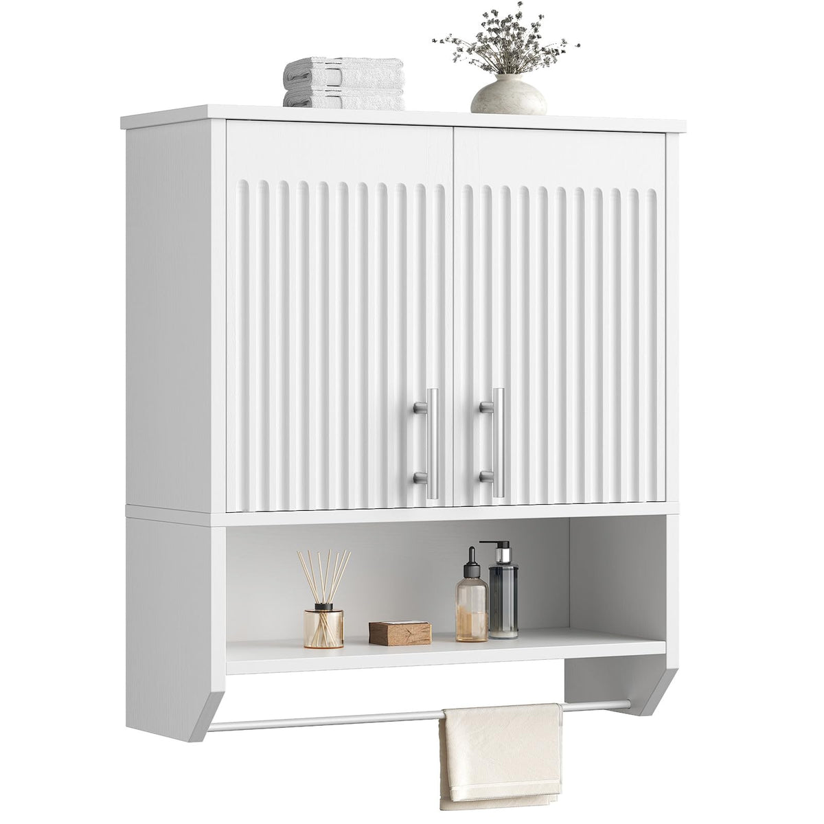 White Fluted Bathroom Wall Cabinet with Towel Rack P974