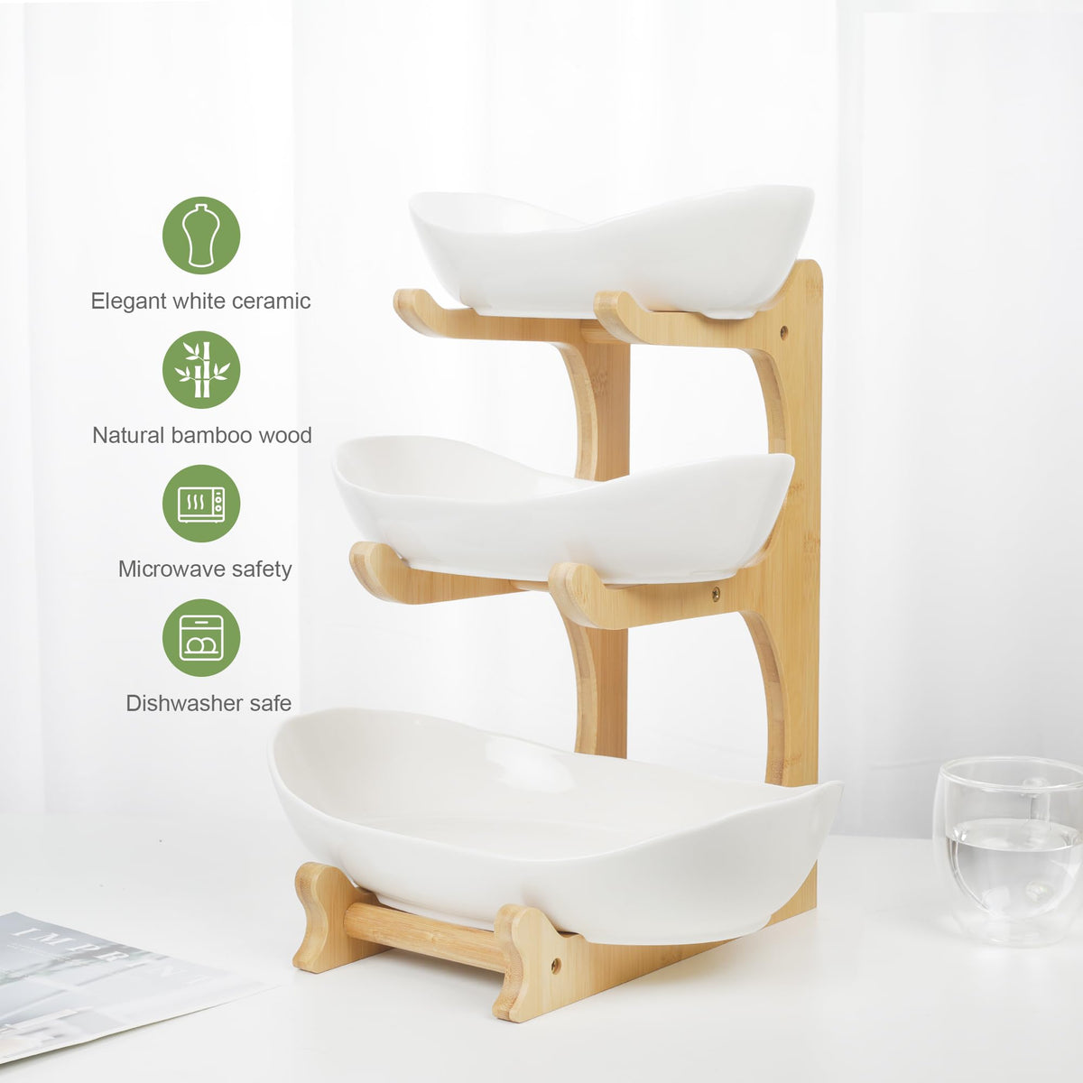 3 Tier Ceramic Fruit Bowl with Bamboo Stand U57639