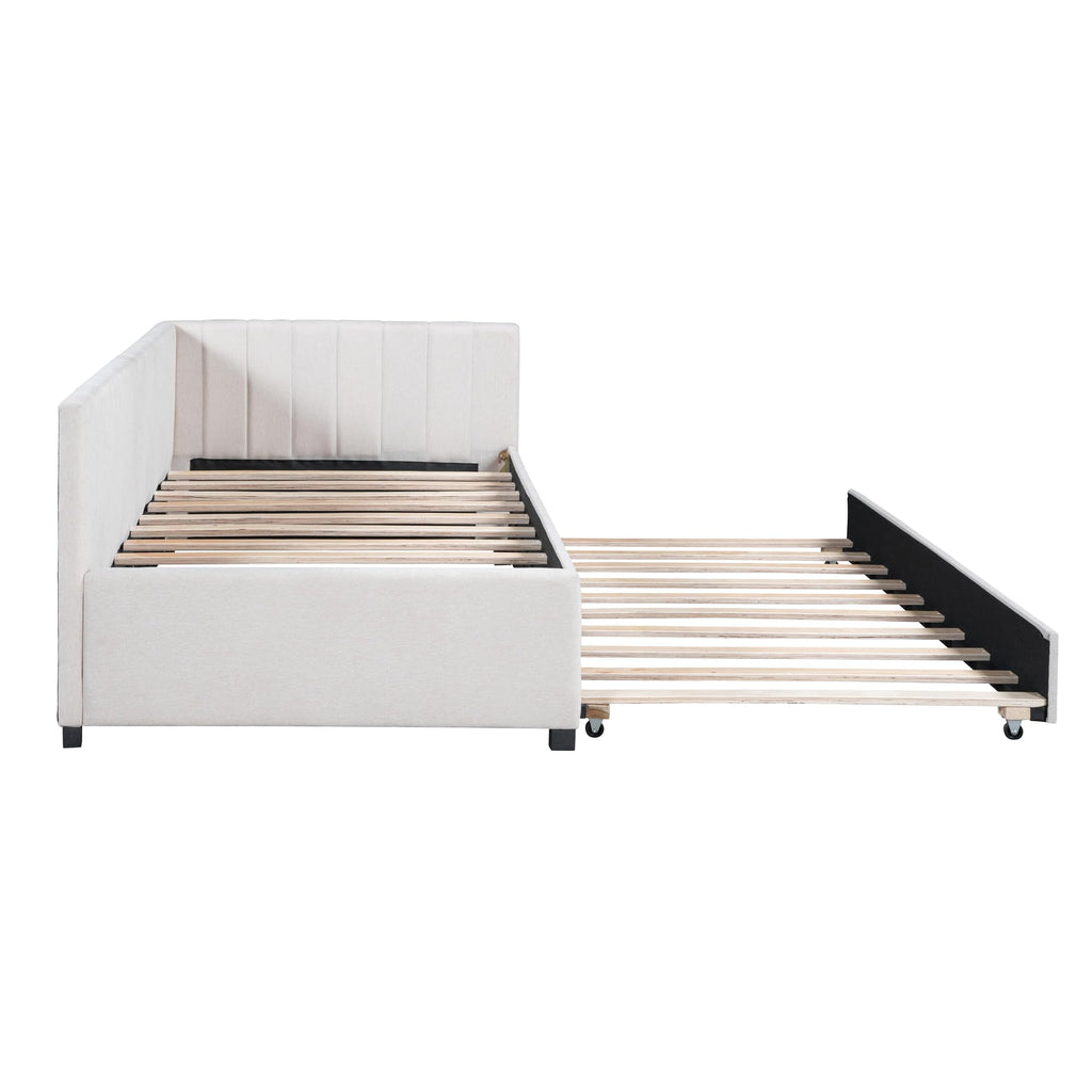 Upholstered Daybed with Trundle Linen Fabric Beige Twin V50681