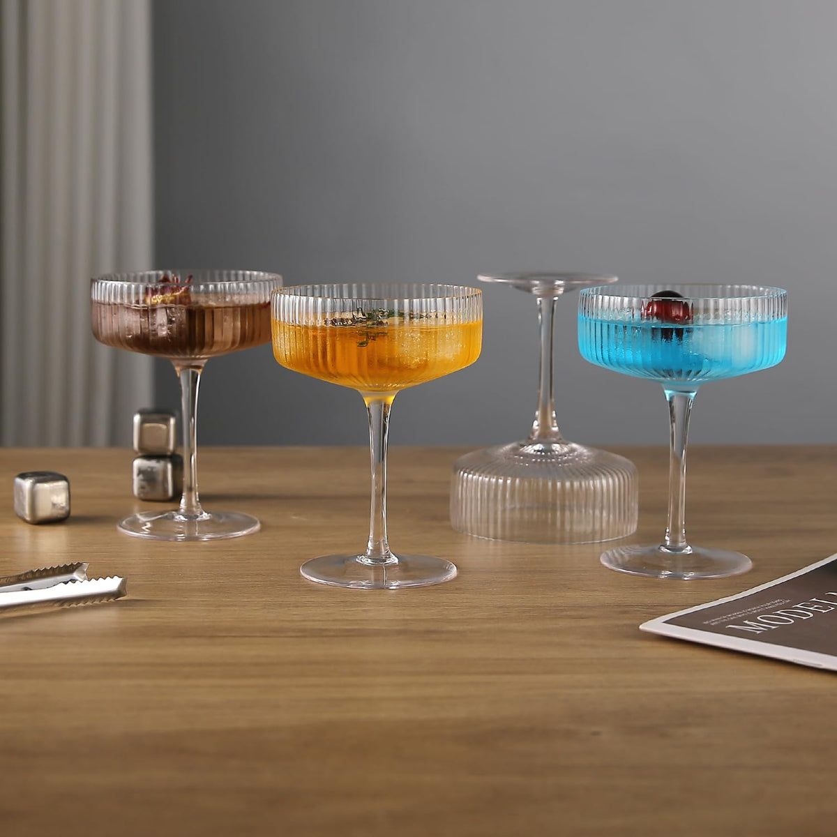 6 Pcs 10 oz Ribbed Coupe Glasses Set M540274