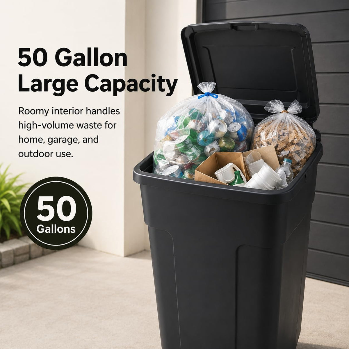 50 Gallon Wheeled Plastic Trash Can with Lid and Handle O2018