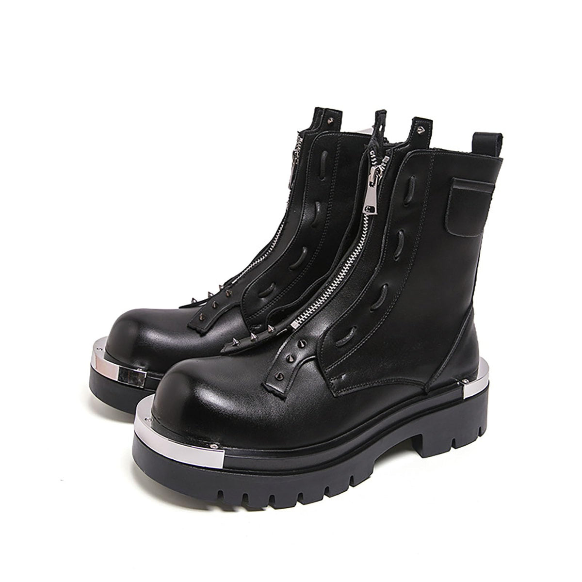 Men'S Leather Chunky Heel Motorcycle Boots With Front Zipper Round Toe Non-Slip Lug Sole Platform Ankle Boots A987999