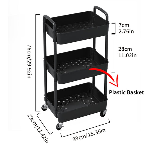 3-Tier Plastic Rolling Utility Cart with Wheels N738618