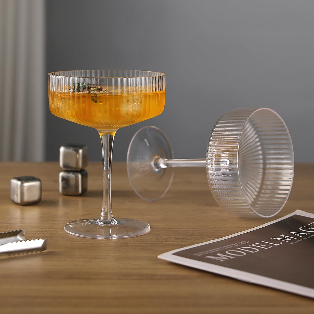 6 Pcs 10 oz Ribbed Coupe Glasses Set M540274