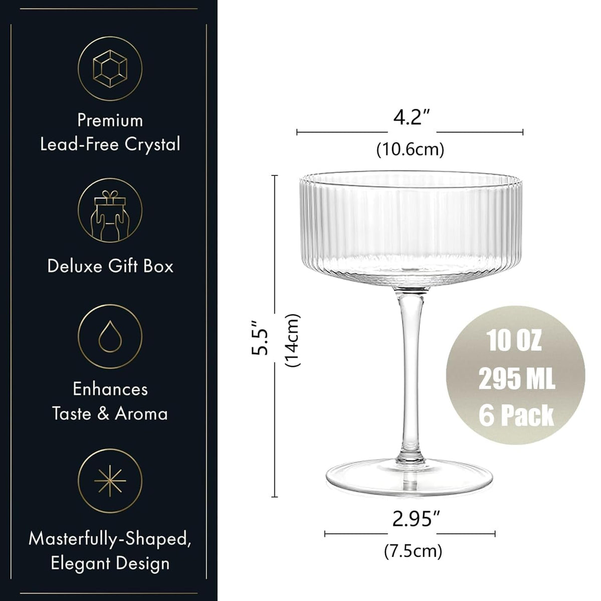 6 Pcs 10 oz Ribbed Coupe Glasses Set M540274