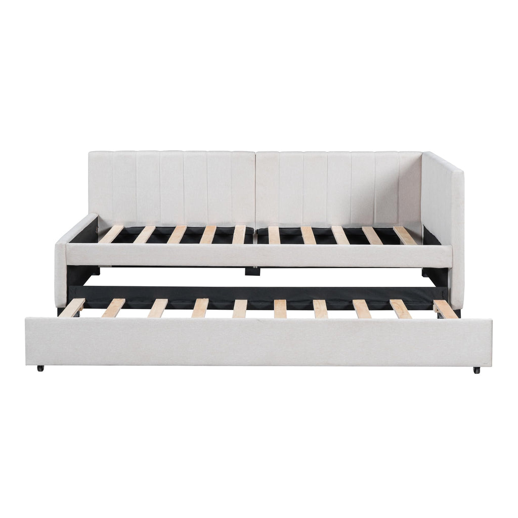 Upholstered Daybed with Trundle Linen Fabric Beige Twin V50681