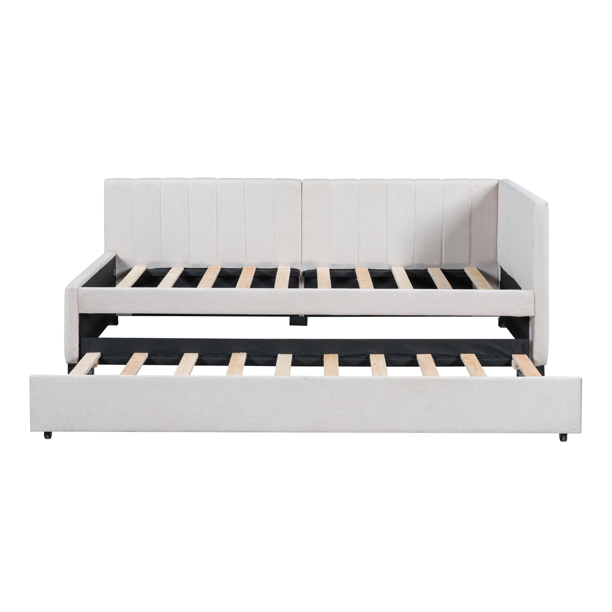 Upholstered Daybed with Trundle Linen Fabric Beige Twin V50681