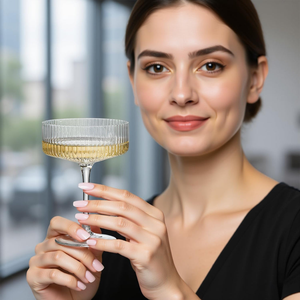 6 Pcs 10 oz Ribbed Coupe Glasses Set M540274