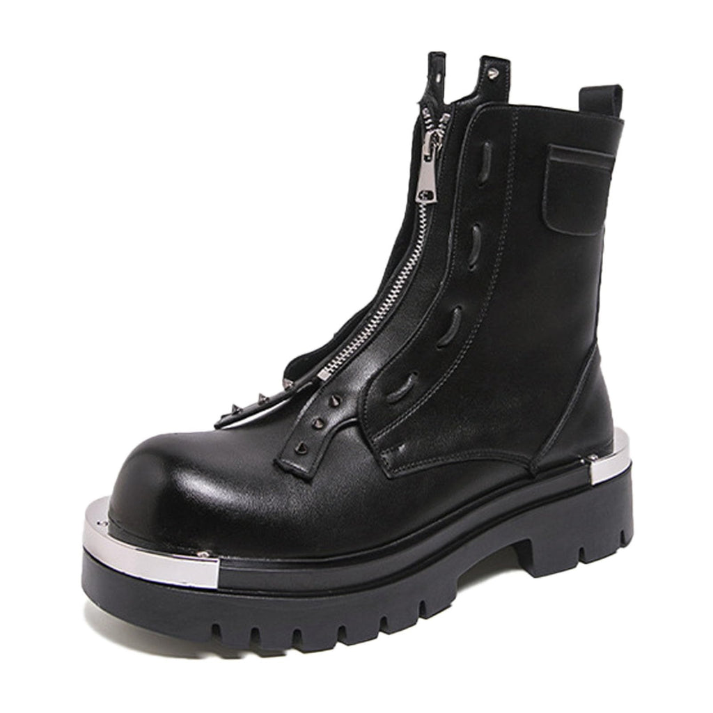 Men'S Leather Chunky Heel Motorcycle Boots With Front Zipper Round Toe Non-Slip Lug Sole Platform Ankle Boots A987999