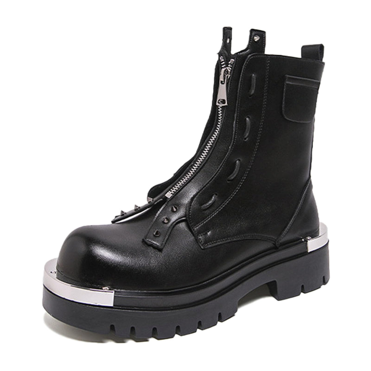 Men'S Leather Chunky Heel Motorcycle Boots With Front Zipper Round Toe Non-Slip Lug Sole Platform Ankle Boots A987999