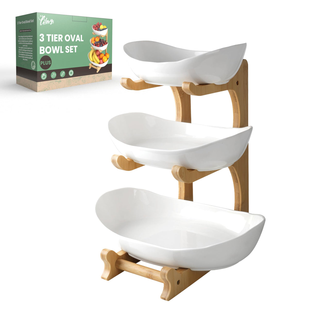 3 Tier Ceramic Fruit Bowl with Bamboo Stand U57639