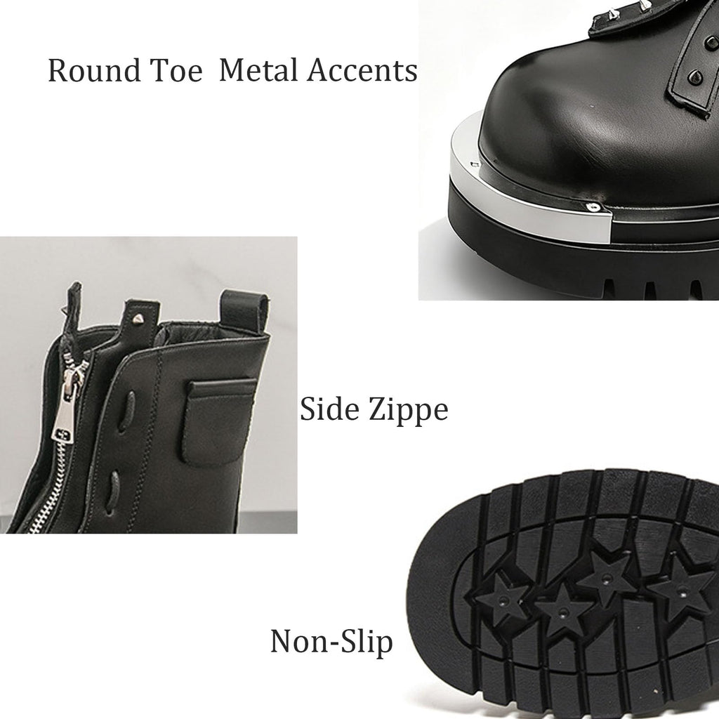 Men'S Leather Chunky Heel Motorcycle Boots With Front Zipper Round Toe Non-Slip Lug Sole Platform Ankle Boots A987999