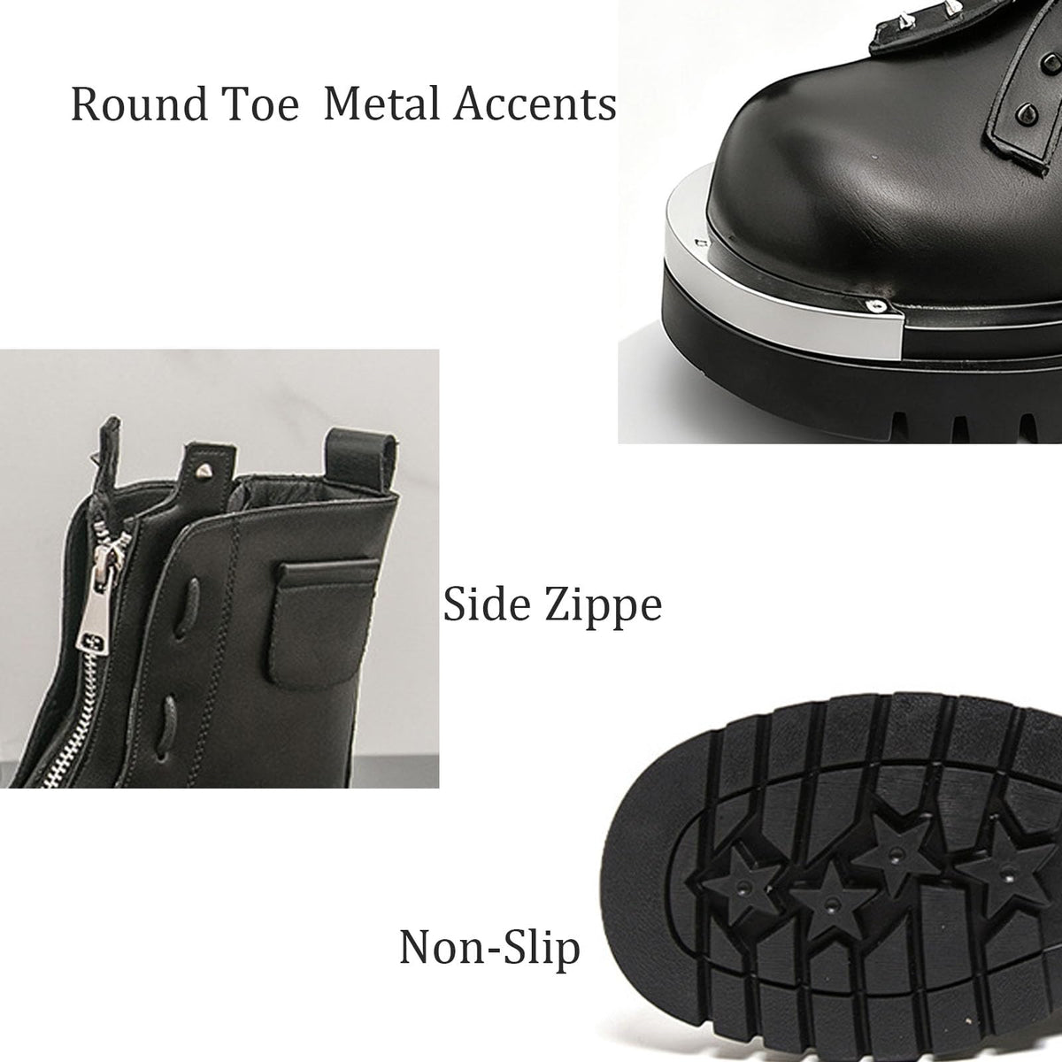 Men'S Leather Chunky Heel Motorcycle Boots With Front Zipper Round Toe Non-Slip Lug Sole Platform Ankle Boots A987999