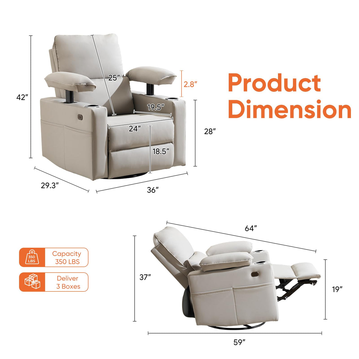 Oversized Power Swivel Rocker Recliner with Heating and Massage, Faux Leather, Grey U421