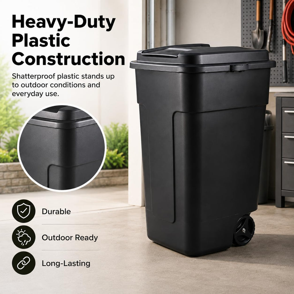 50 Gallon Wheeled Plastic Trash Can with Lid and Handle O2018