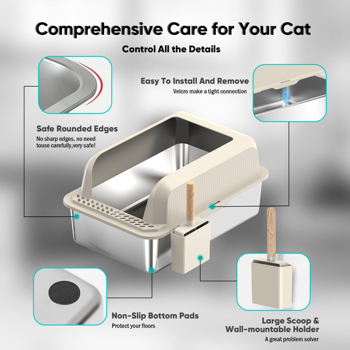 XL Stainless Steel Enclosed Cat Litter Box with Lid, Scoop and Mat N20617