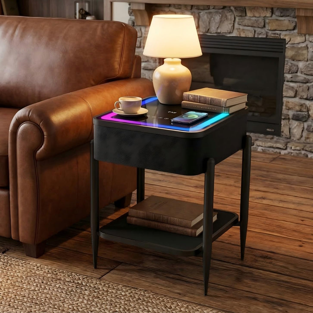 Black LED Smart Nightstand with Bluetooth Speaker & Wireless Charging K2525
