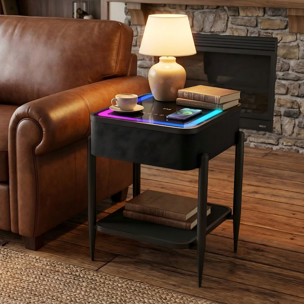Black LED Smart Nightstand with Bluetooth Speaker & Wireless Charging K2525