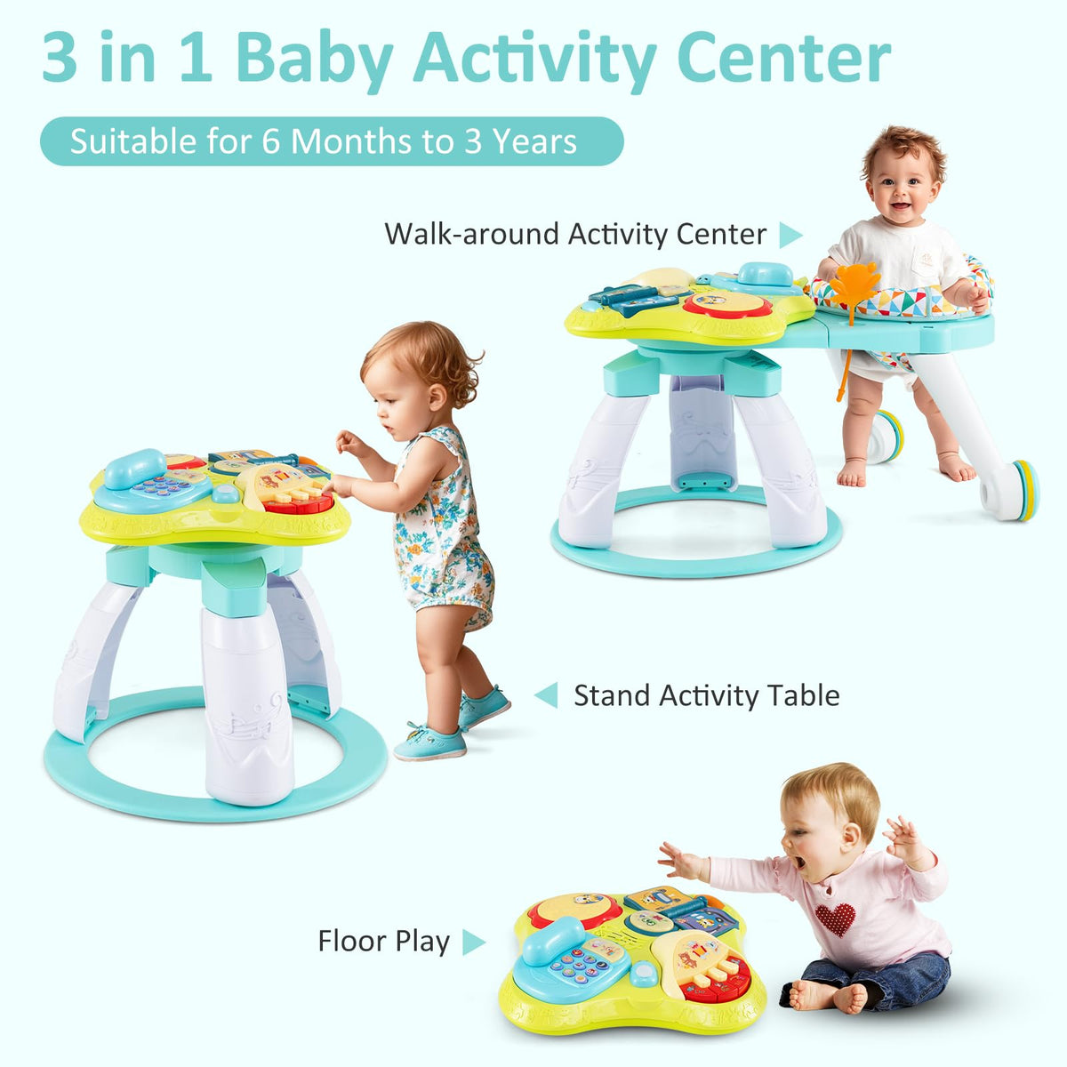 3 in 1 Baby Activity Center Walker with Play Table Green N411466