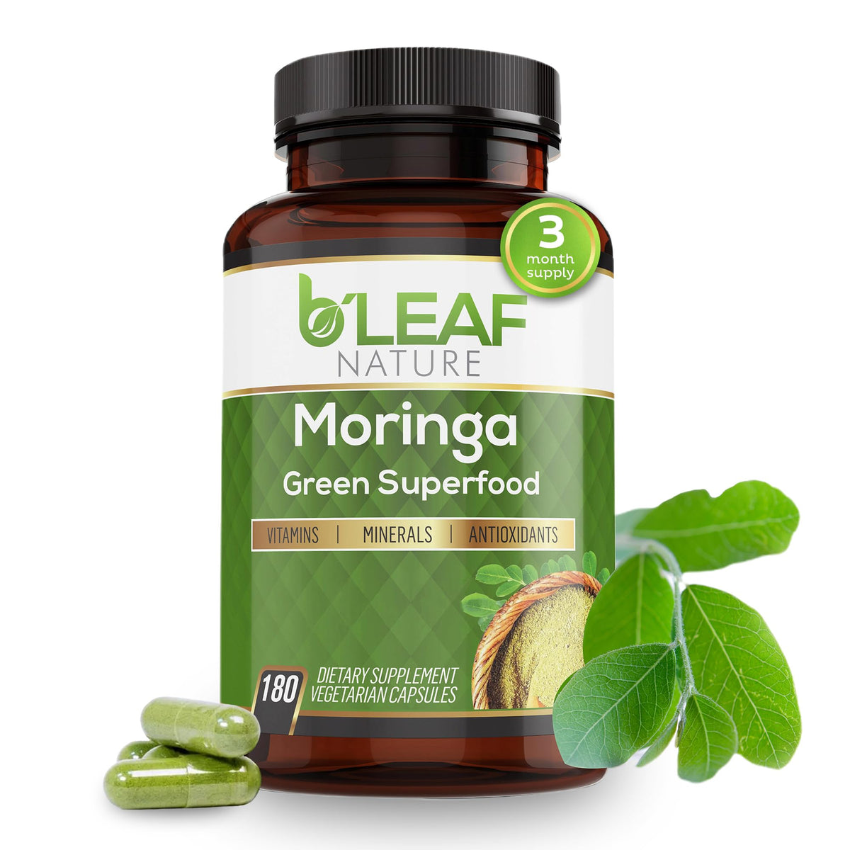 Moringa Leaf Vegan Capsules 1000mg 180 Count E42474