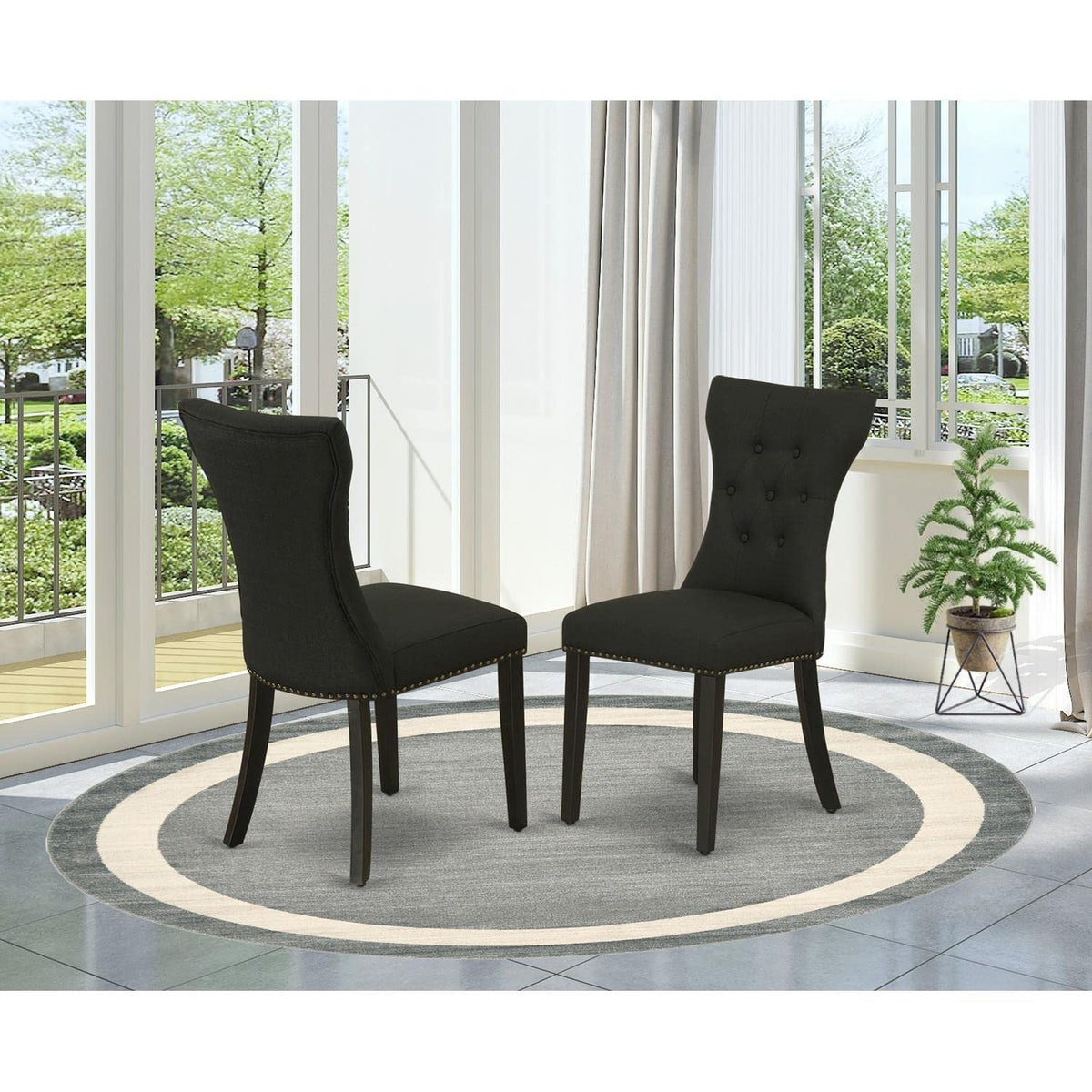 Black Linen Fabric Upholstered Dining Chairs Set of 2 C821