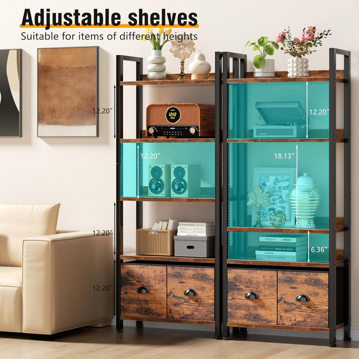 5-Tier Tall Bookshelf with 2 Fabric Drawers Q5818