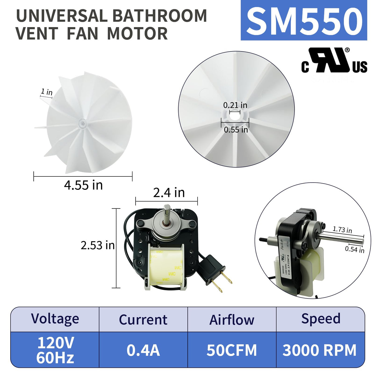 Universal Bathroom Vent Exhaust Fan Motor 50 CFM 120V 60Hz B152