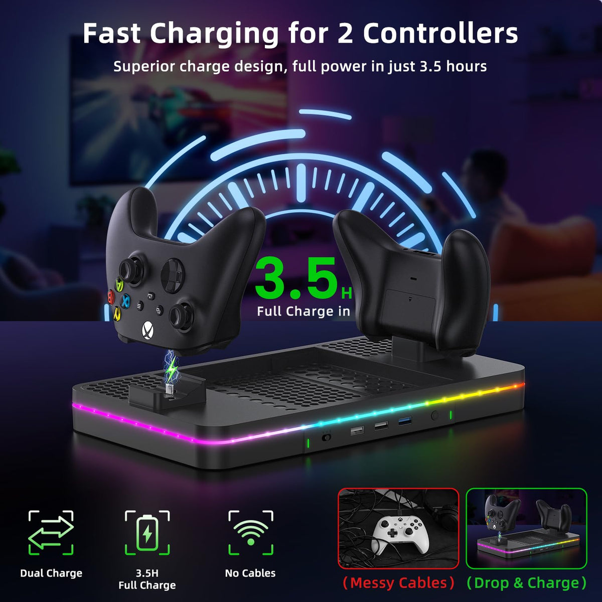 Black Cooling Fan Charging Stand with 3 USB Ports G131572