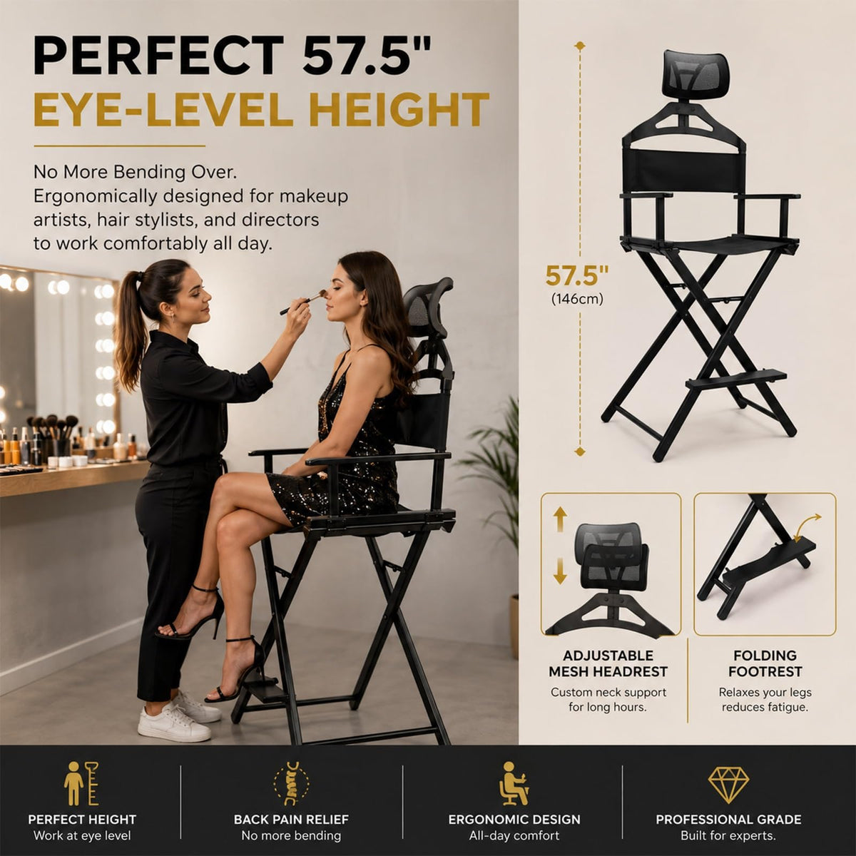 Tall Foldable Makeup Artist Chair with Footrest C419