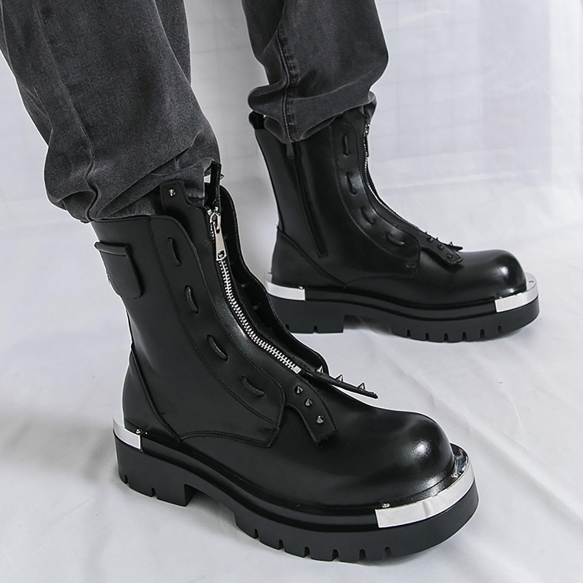 Men'S Leather Chunky Heel Motorcycle Boots With Front Zipper Round Toe Non-Slip Lug Sole Platform Ankle Boots A987999