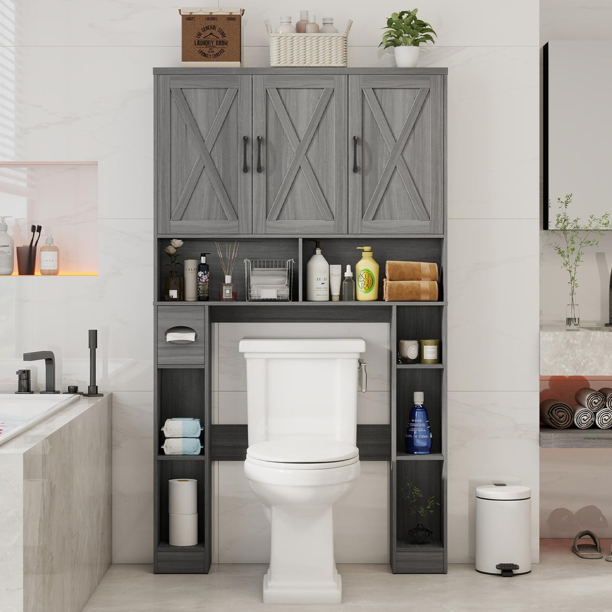 Over The Toilet Storage Cabinet with 3 Barn Doors W288