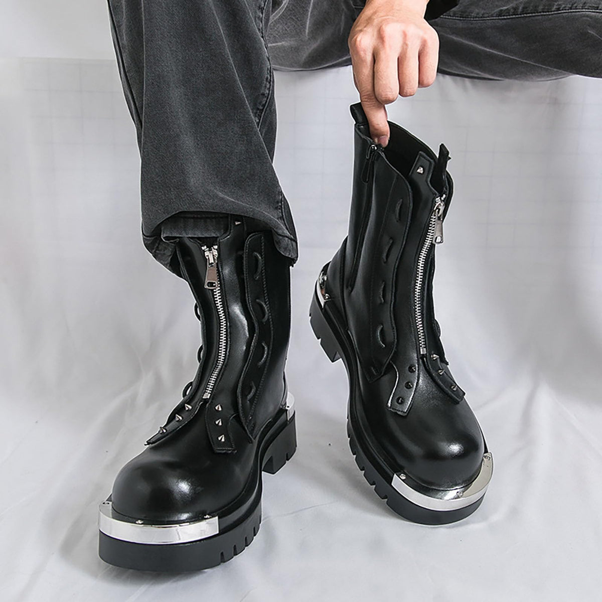 Men'S Leather Chunky Heel Motorcycle Boots With Front Zipper Round Toe Non-Slip Lug Sole Platform Ankle Boots A987999