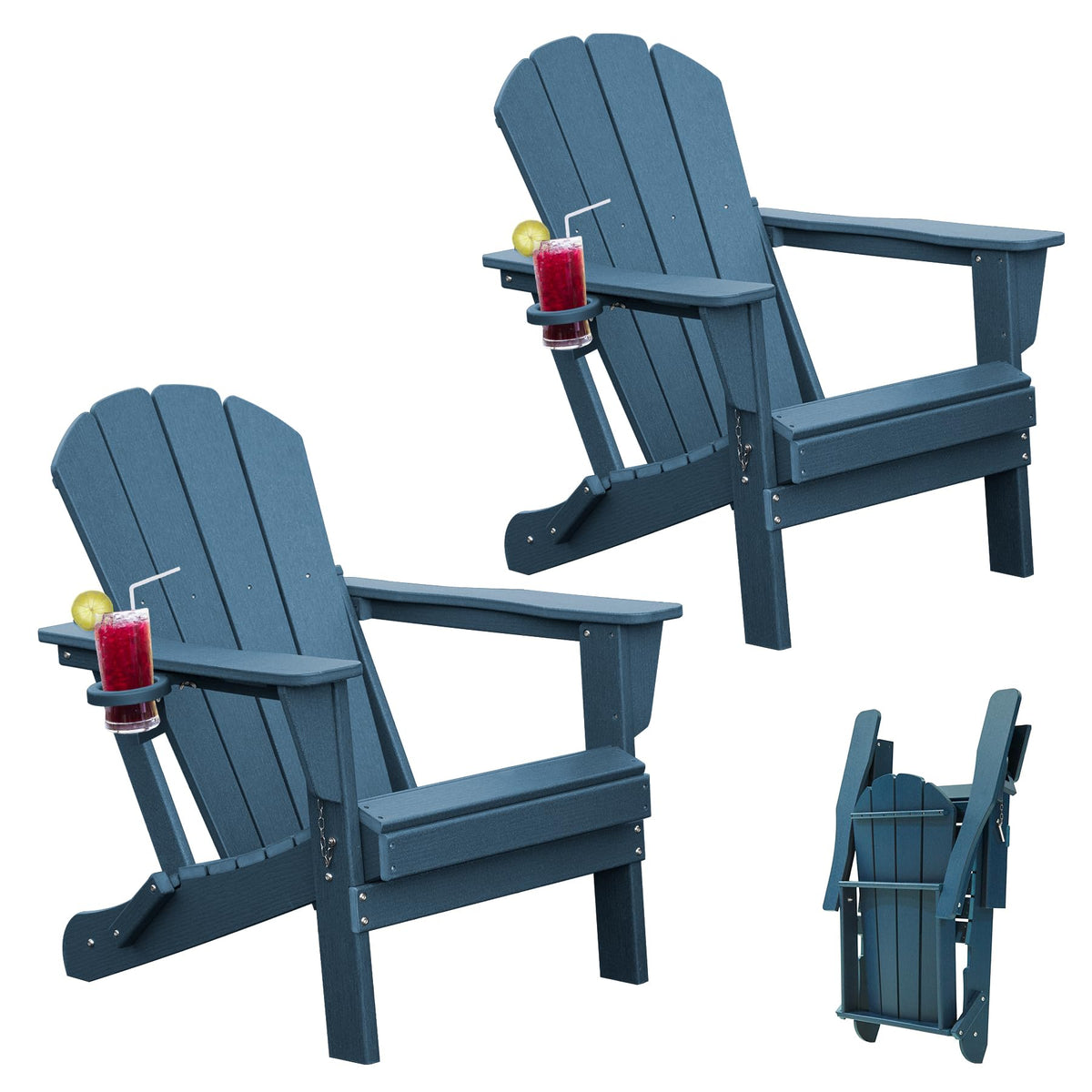Folding Adirondack Chairs Set of 2 HDPE with Cup Holder Dark Blue X7800