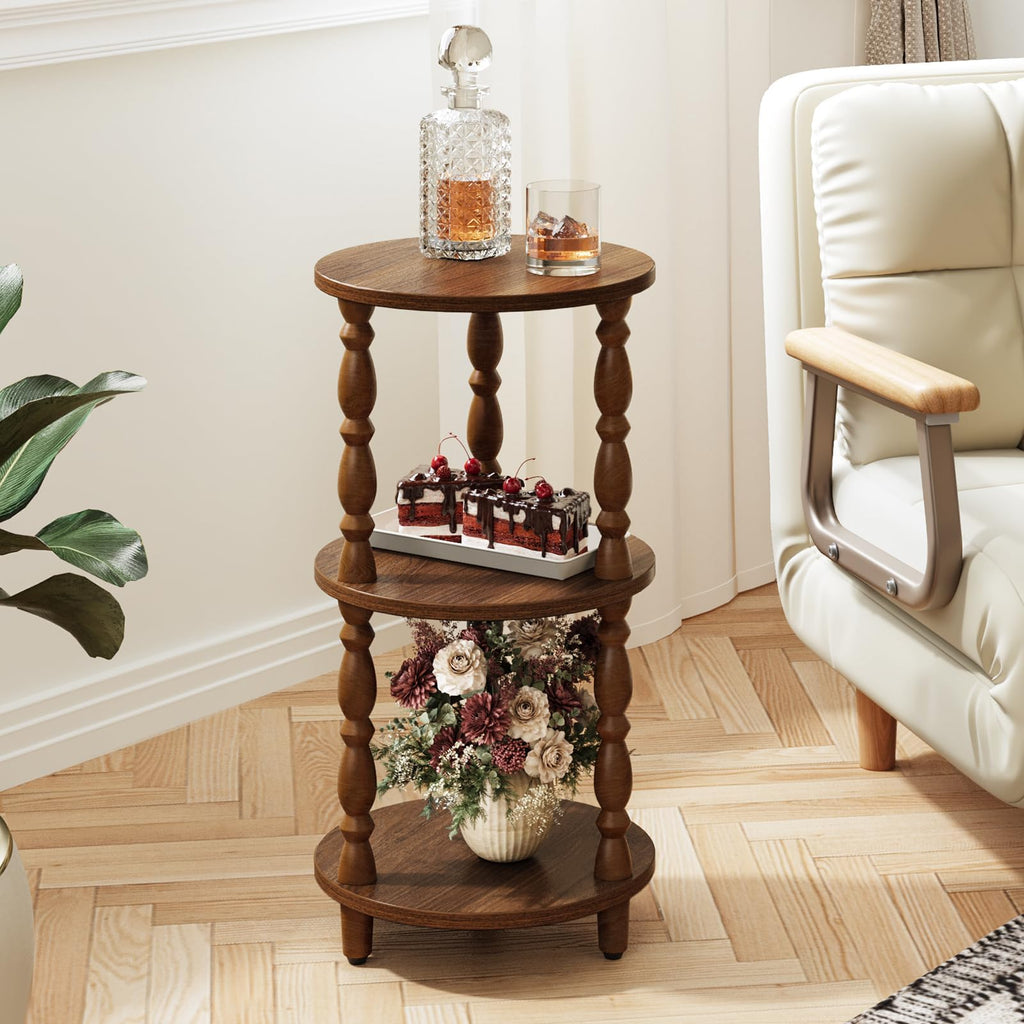 Small Round 3-Tier Wood Side Table with Storage Shelf A157220