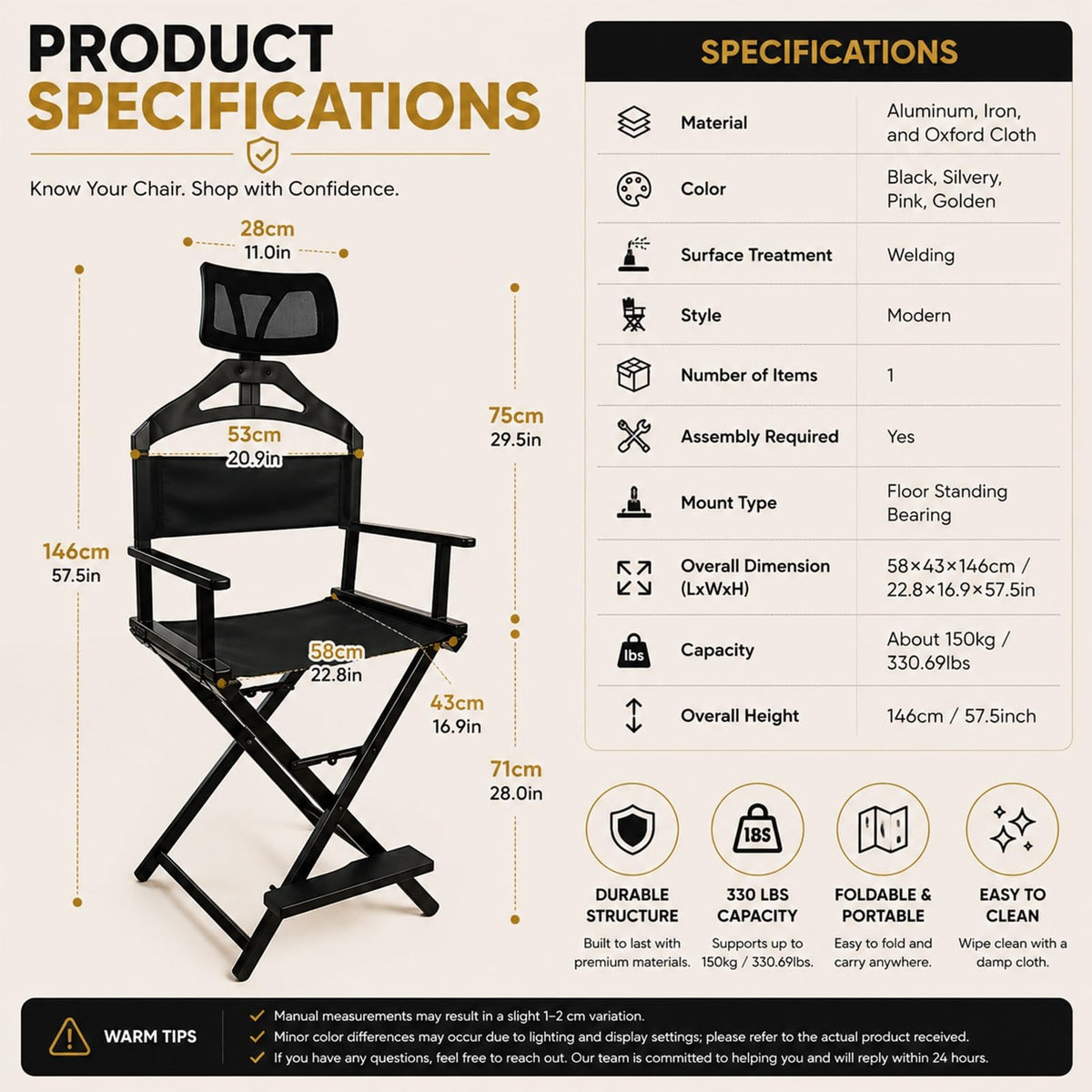 Tall Foldable Makeup Artist Chair with Footrest C419