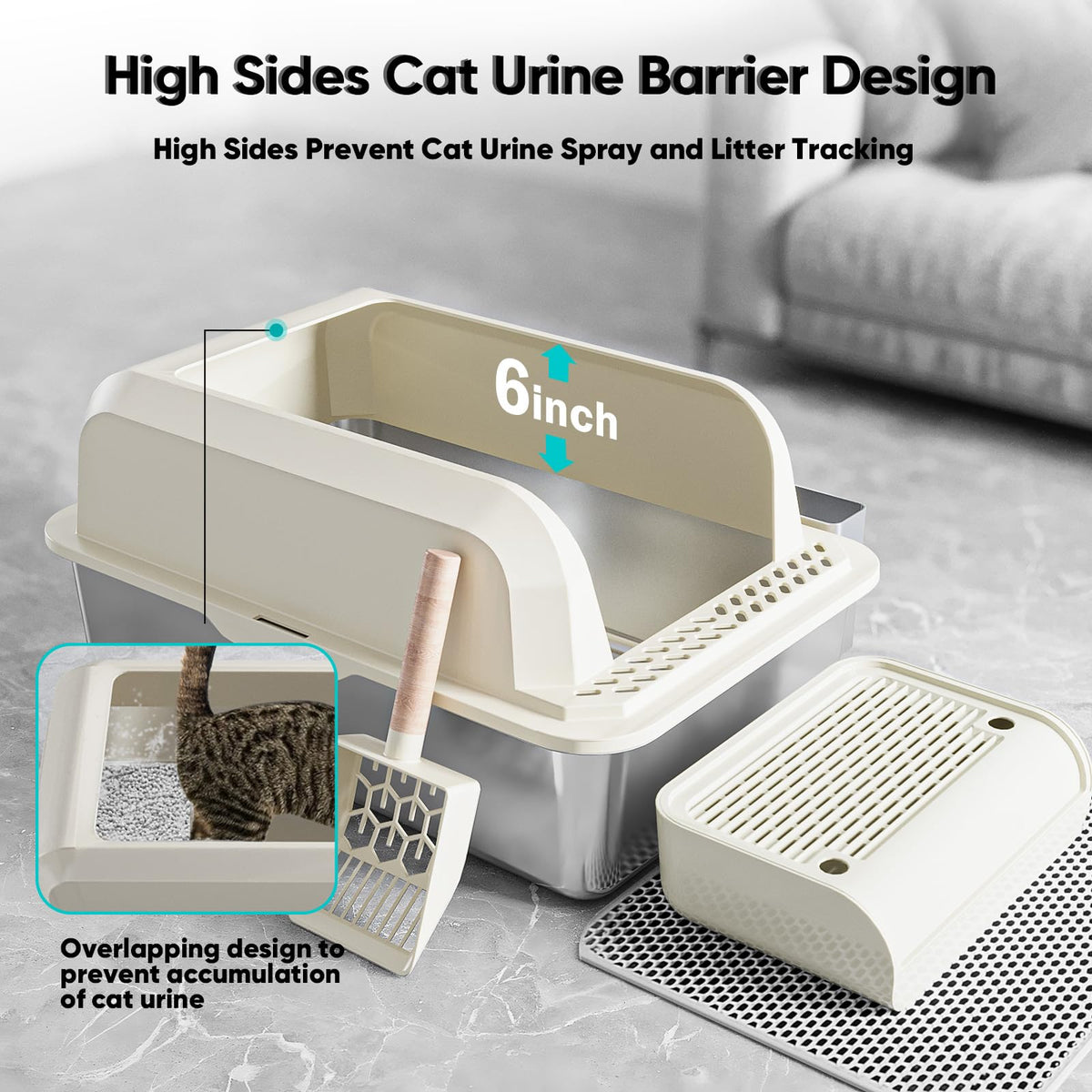 XL Stainless Steel Enclosed Cat Litter Box with Lid, Scoop and Mat N20617