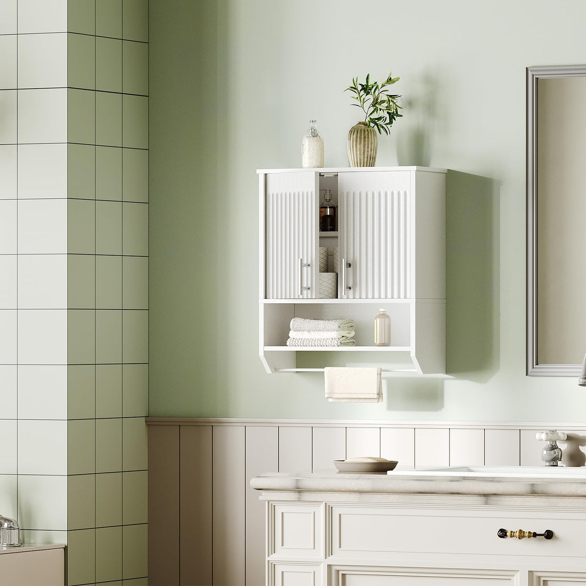 White Fluted Bathroom Wall Cabinet with Towel Rack P974