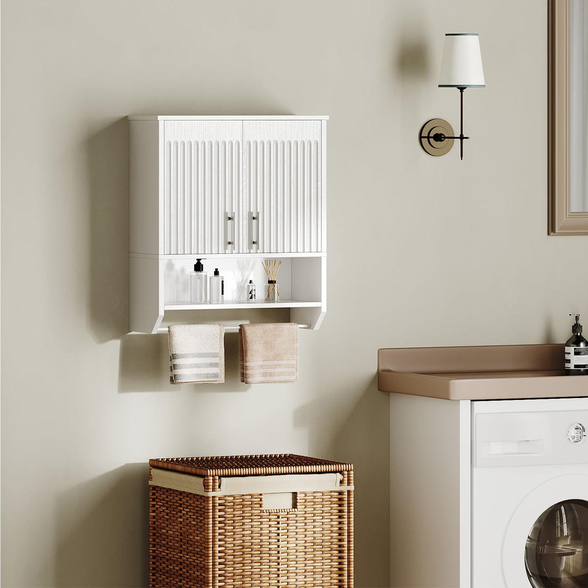White Fluted Bathroom Wall Cabinet with Towel Rack P974