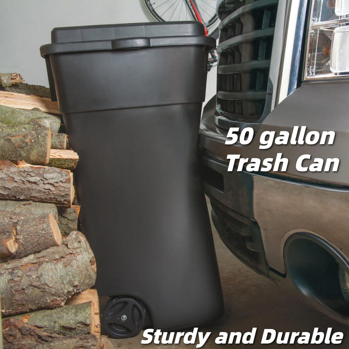 50 Gallon Wheeled Plastic Trash Can with Lid and Handle O2018