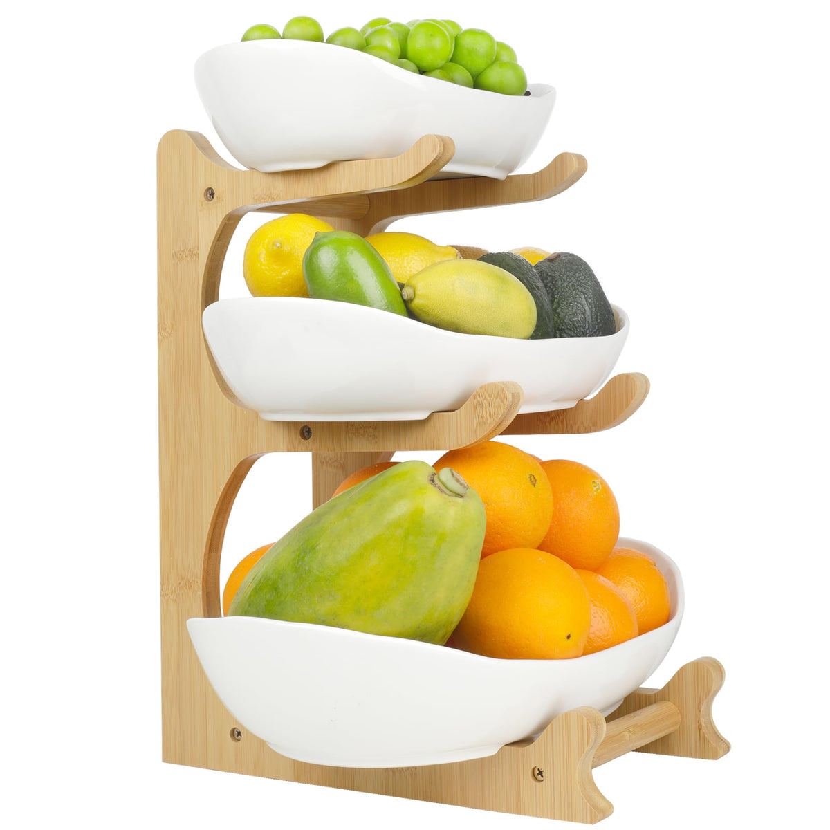 3 Tier Ceramic Fruit Bowl with Bamboo Stand U57639