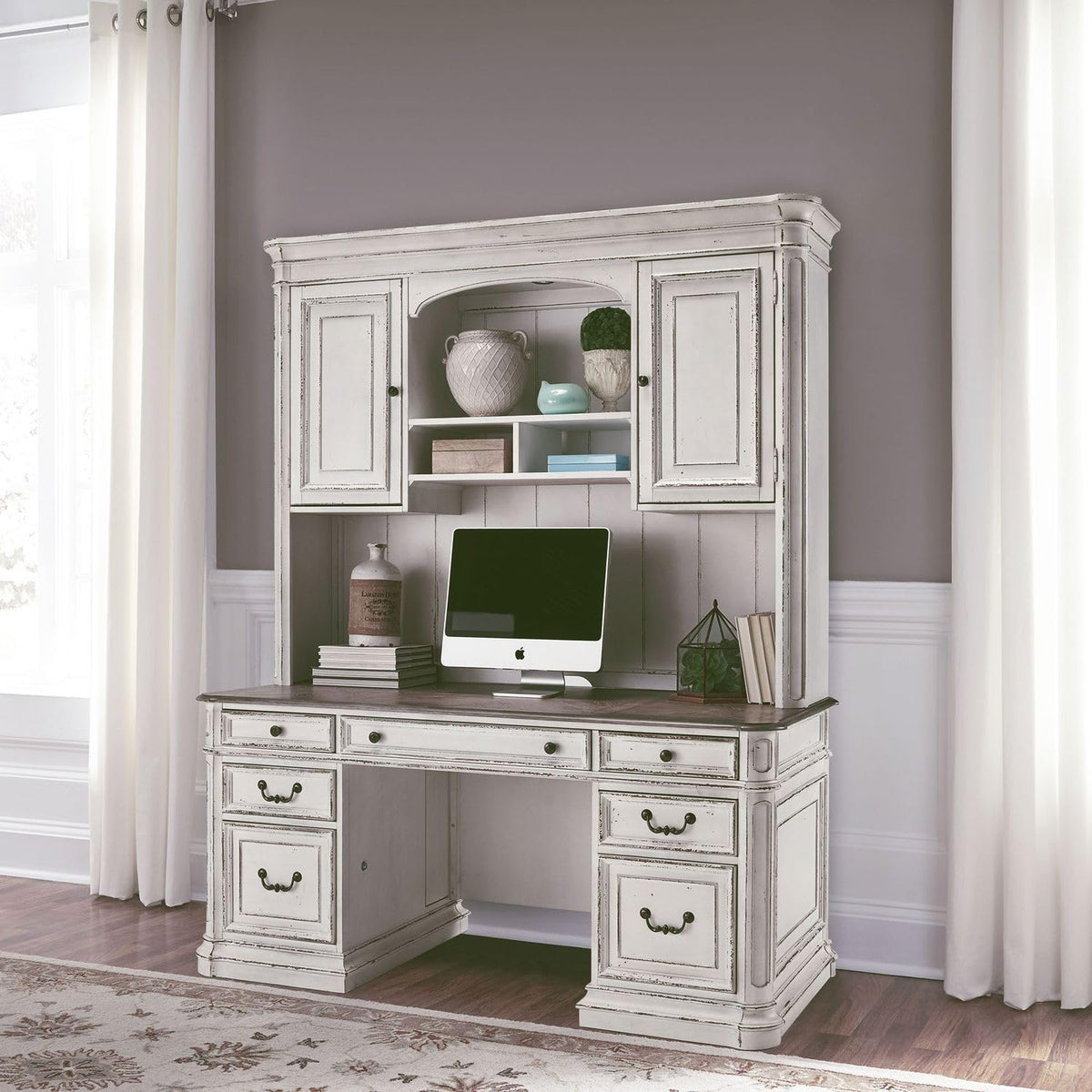 Antique White Credenza Desk & Hutch O421854