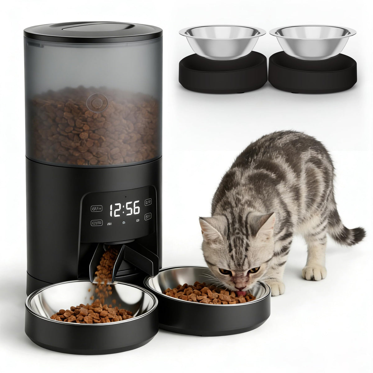 6L Automatic Cat Feeder with 2 Stainless Bowls Black F60032