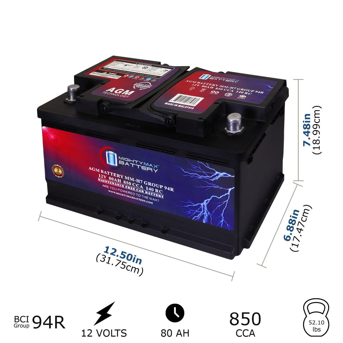 12V 80AH 850 CCA Replacement Battery U9488