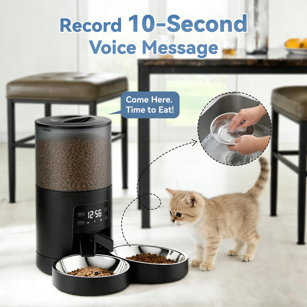 6L Automatic Cat Feeder with 2 Stainless Bowls Black F60032