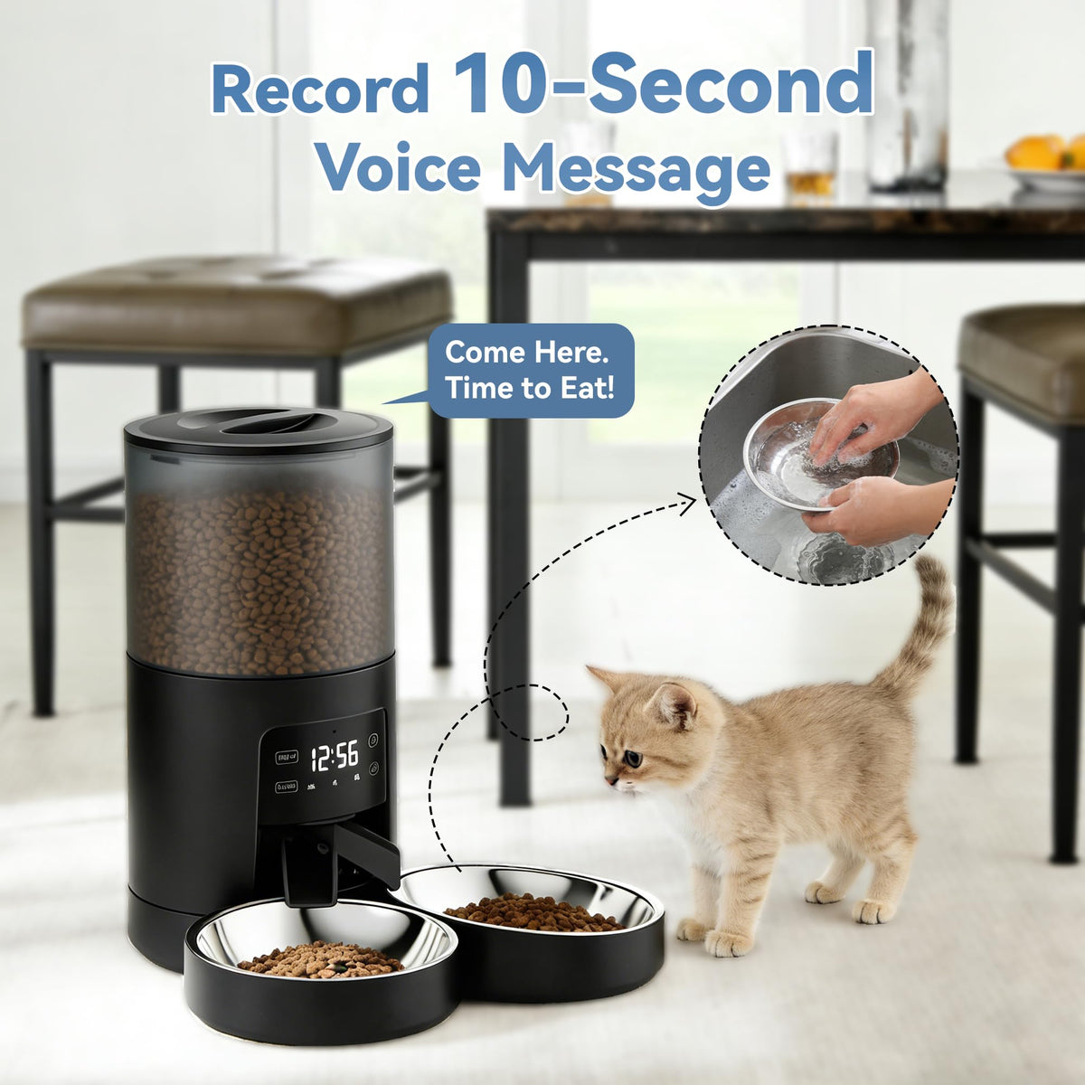 6L Automatic Cat Feeder with 2 Stainless Bowls Black F60032