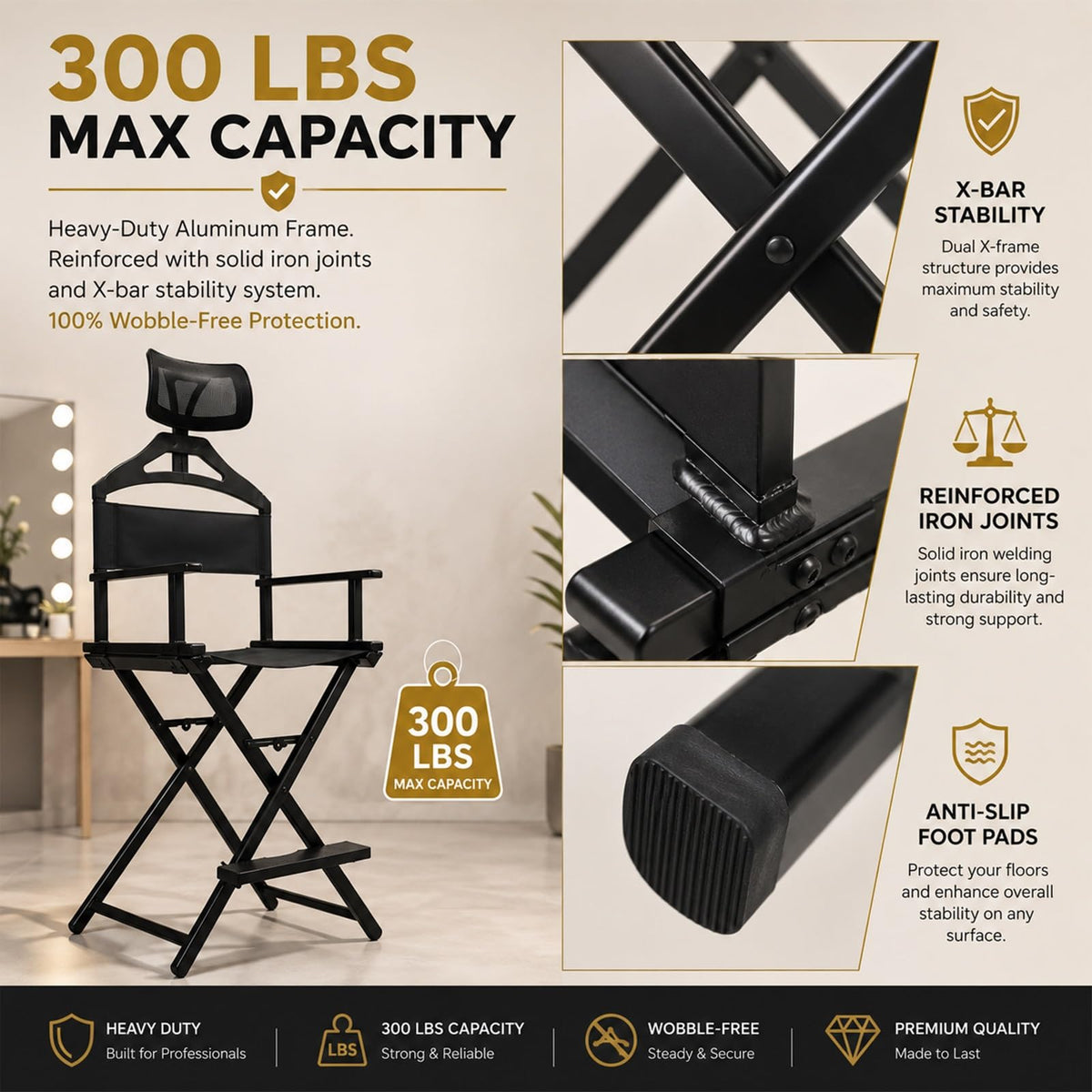 Tall Foldable Makeup Artist Chair with Footrest C419